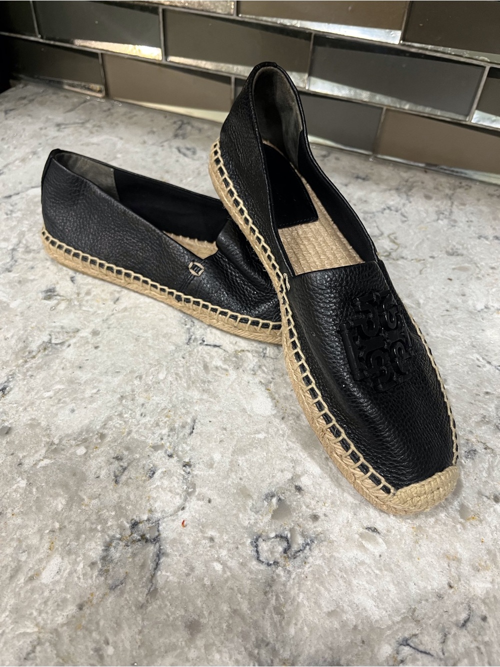 Tory Burch Black Leather Espadrille Loafers with Logo